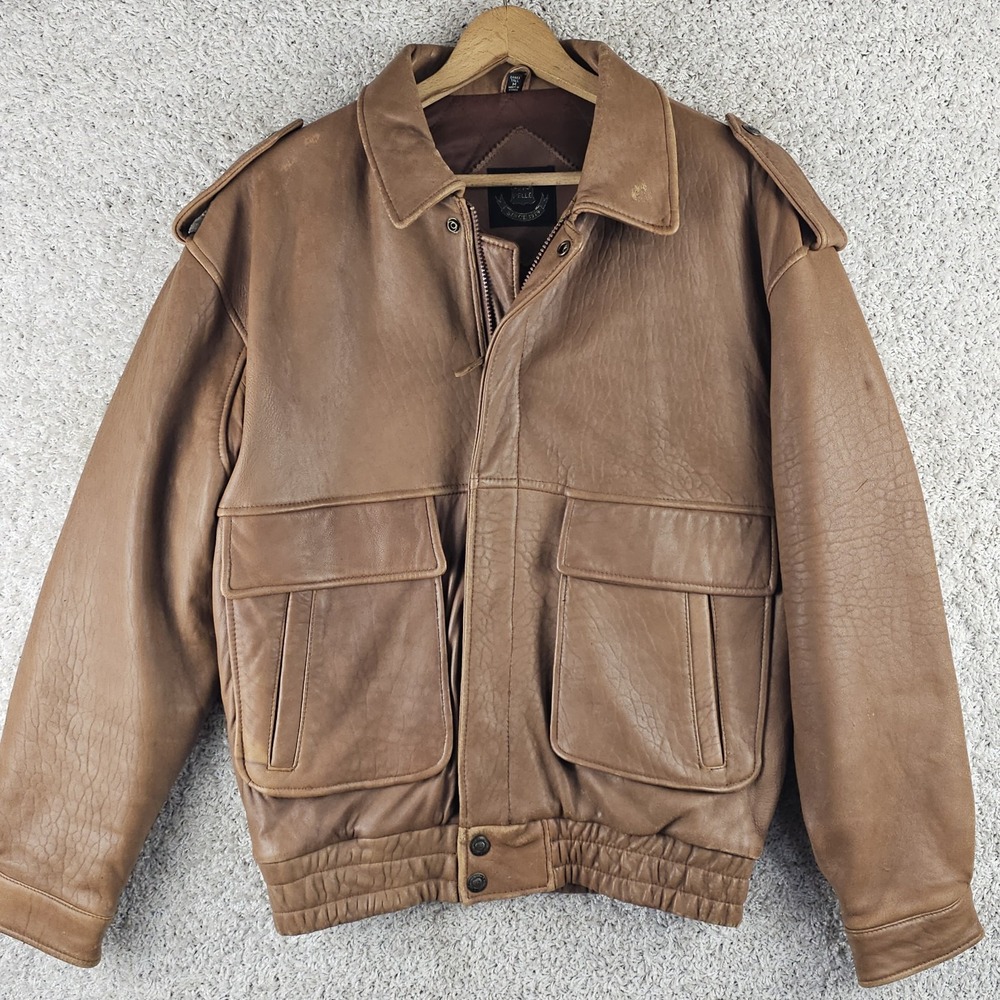 Vintage Pelle Leather Bomber Jacket Size Medium Tall Light Brown Aviator